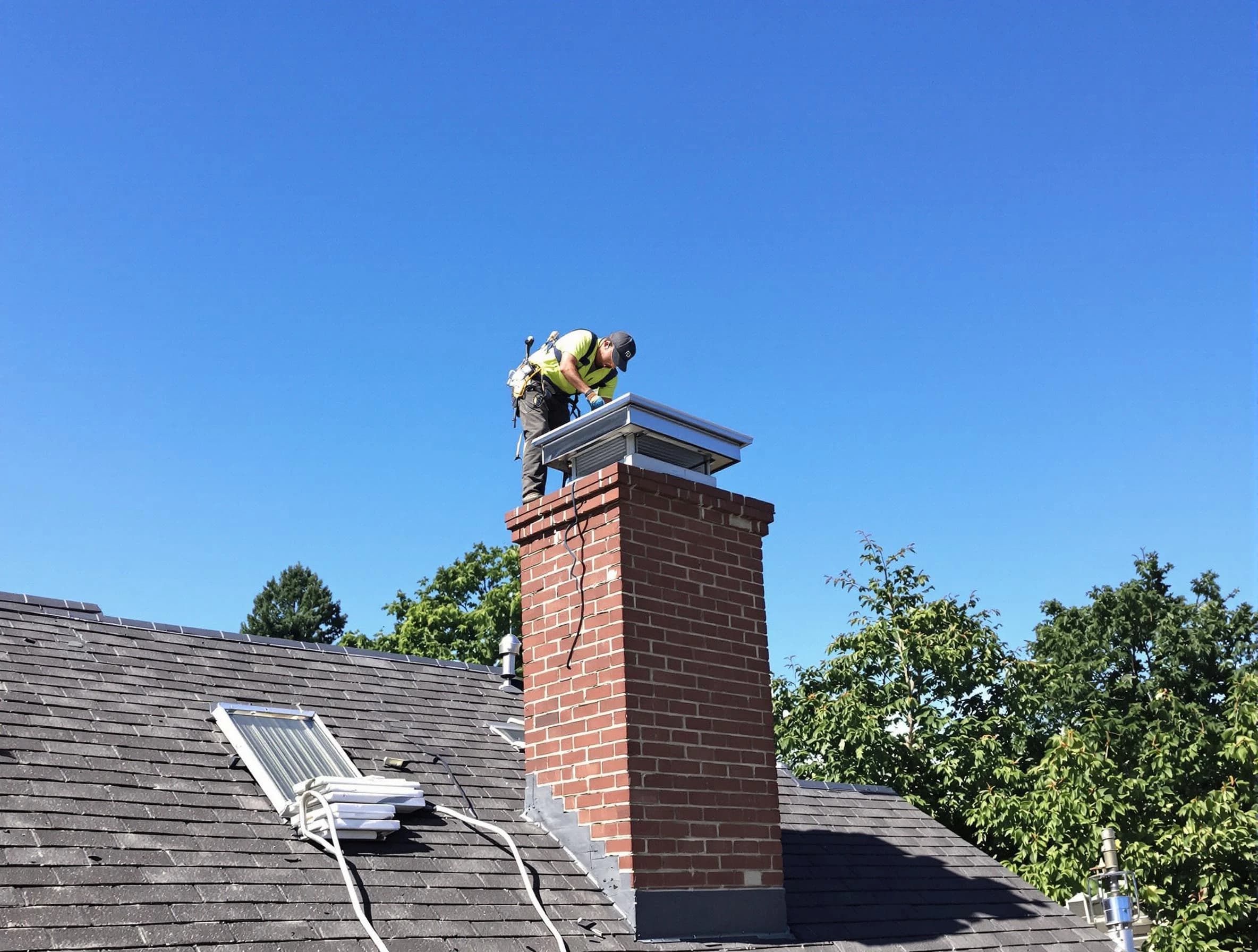 Beverly Chimney Sweep technician measuring a chimney cap in Beverly, MA