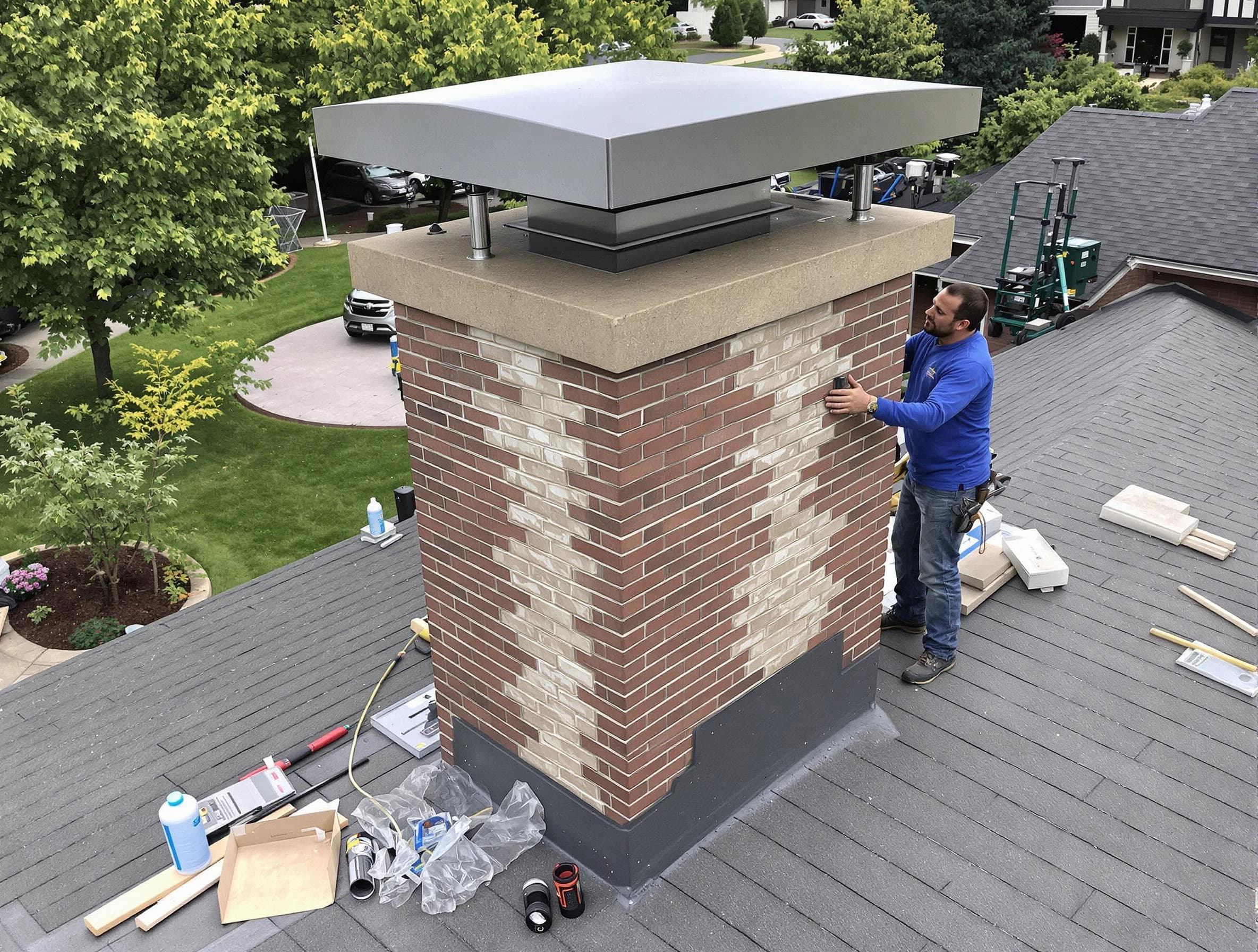 Beverly Chimney Sweep team working on a custom chimney remodel in Beverly, MA